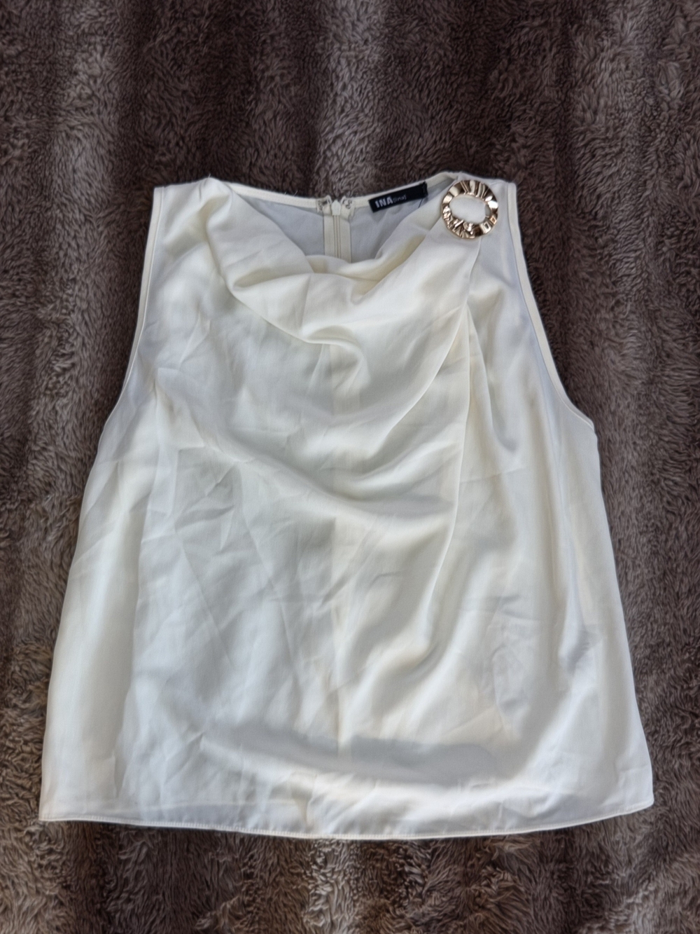 NWT INA Cream Draped Cowl Neck Sleeveless Top Gold Ring Accent Size M
